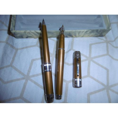 Parure Stylo Bille Et Stylo Plume Bronze Et Attribut Chromé Cacharel