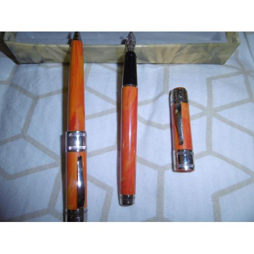 Parure Stylo Bille Et Stylo Plume Marbré Orange Attribut Chromé Cacharel