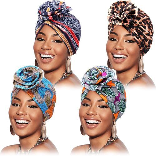 4 Pièces Bandeaux De Turban Africain De Fleur Avec Noeud Doux Bonnet Africain