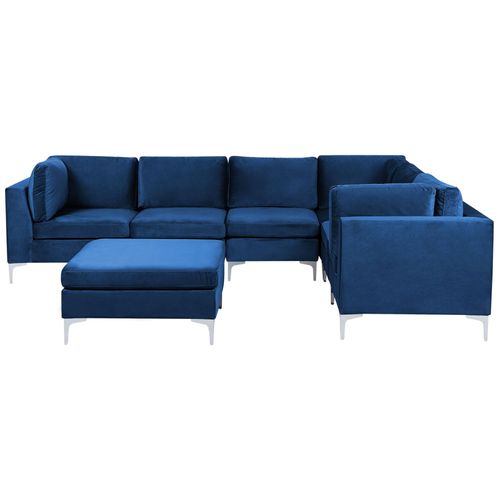 Canapé D'angle Modulaire 6 Places Côté Gauche Avec Ottoman En Velours Bleu Marine Evja