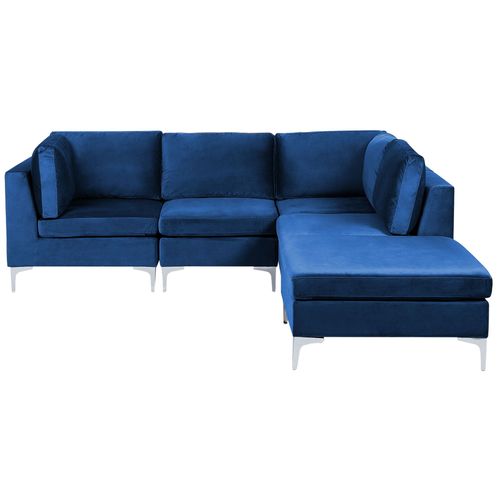 Canapé D'angle Modulaire 4 Places Côté Gauche Avec Ottoman En Velours Bleu Marine Evja