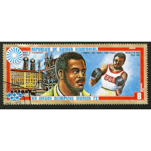 Timbre Oblitré Republica De Guinea Ecuatorial, Xx Juegos Olimpicos Munich 72, Plaza De Ayuntamiento Munich ,J.Frazier,Usa, Boxeo, Peso Pesado, Medalla De Oro Tokio 1964, 8