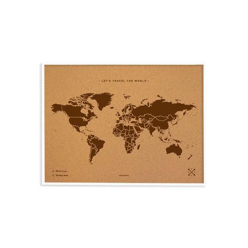 Carte du monde en liège - Woody Map Natural World / 60 x 45 cm / Marron / Cadre blanc