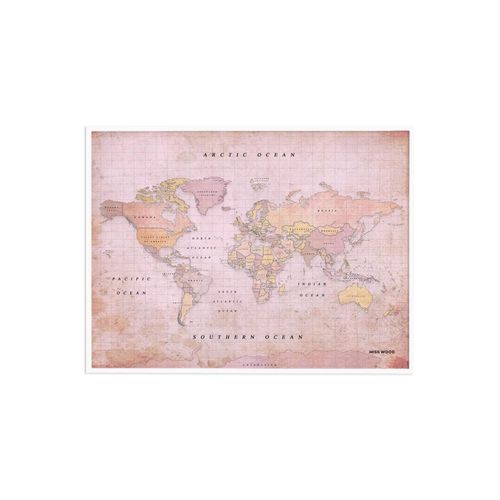Carte du monde en liège - Woody Map Aquarelle Dusty Rose / 60 x 45 cm / Cadre Blanc