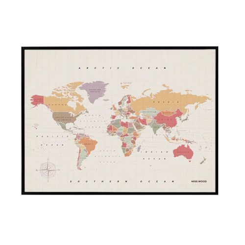 Carte du monde en liège ¿ Carte boisée aquarelle tropicale / 90 x 60 cm / cadre noir