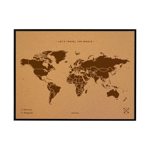 Carte du monde en liège - Woody Map Natural World / 90 x 60 cm / Marron / Cadre noir