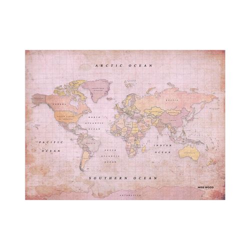 Carte du monde en liège - Woody Map Aquarelle Dusty Rose / 90 x 60 cm / Sans cadre
