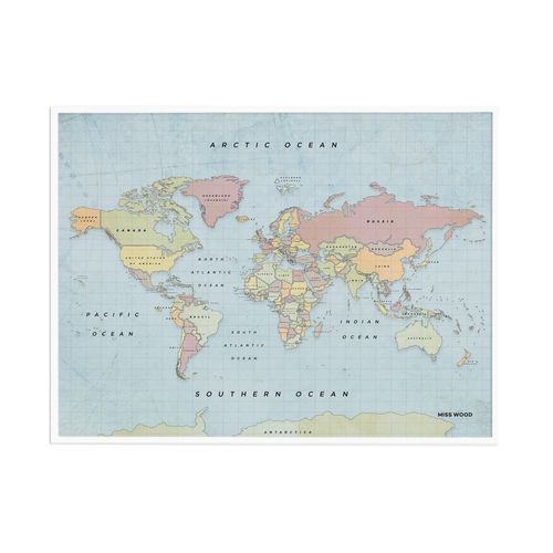 Carte du monde en liège - Woody Map Aquarelle New Classic / 90 x 60 cm / Cadre blanc