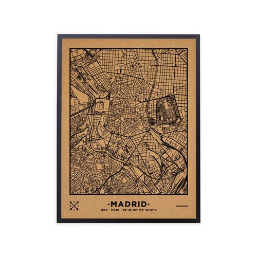 Carte en liège - Woody Map Natural Madrid / 60 x 45 cm / Noir / Cadre noir