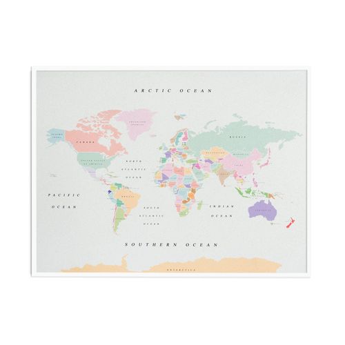 Carte du monde en liège - Woody Map aquarelle rétro / 90 x 60 cm / cadre blanc