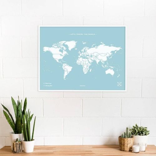 Carte en liège - Woody Map Colors Bleu / 90 x 60 cm / Cadre Blanc
