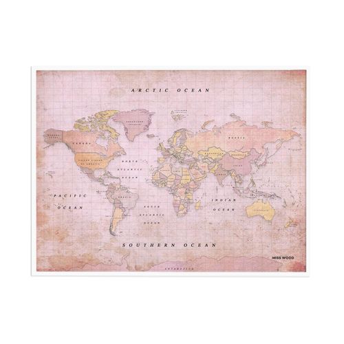 Carte du monde en liège - Woody Map Aquarelle Dusty Rose / 90 x 60 cm / Cadre Blanc