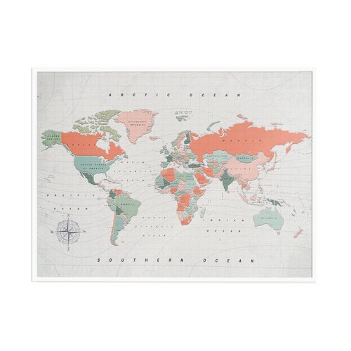 Carte du monde en liège - Woody Map Aquarelle Terre Cuite / 90 x 60 cm / Cadre Blanc