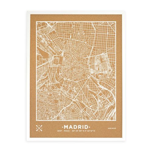 Carte en liège - Woody Map Natural Madrid / 90 x 60 cm / Blanc / Cadre Blanc