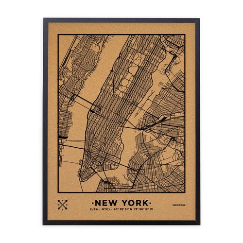 Carte en liège - Woody Map Natural New York / 90 x 60 cm / Noir / Cadre noir