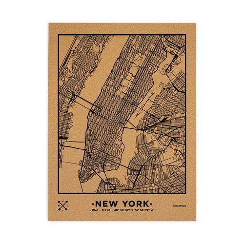 Carte en liège - Woody Map Natural New York / 90 x 60 cm / Noir / Sans cadre