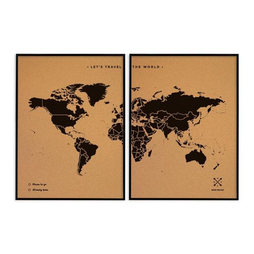 Carte du monde en liège - Woody Map Natural World / 120 x 90 cm / Noir / Cadre noir