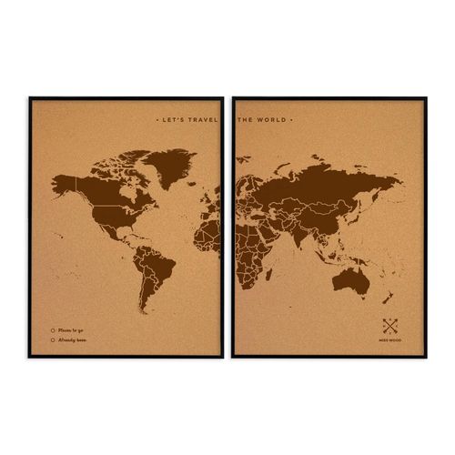 Carte du monde en liège - Woody Map Natural World / 120 x 90 cm / Marron / Cadre noir