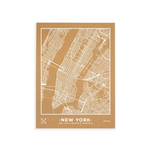 Carte en liège - Woody Map Natural New York / 60 x 45 cm / Blanc / Sans cadre