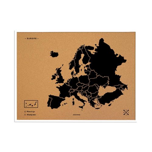 Carte en liège - Woody Map Natural Europe / Noir / 90x60 cm / Cadre blanc