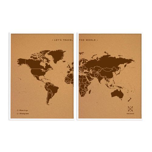 Carte du monde en liège - Woody Map Natural World / 120 x 90 cm / Marron / Cadre blanc