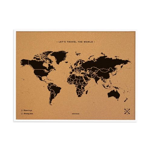 Carte du monde en liège - Woody Map Natural World / 90 x 60 cm / Noir / Cadre blanc