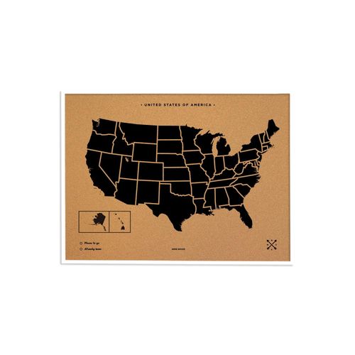 Carte en liège - Woody Map Natural USA / 60 x 45 cm / Noir / Cadre blanc
