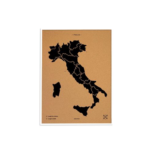 Carte en liège - Woody Map Natural Italie / 60 x 45 cm / Noir / Cadre blanc