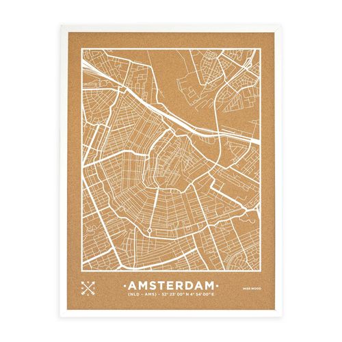 Carte en liège - Woody Map Natural Amsterdam / 90 x 60 cm / Blanc / Cadre blanc