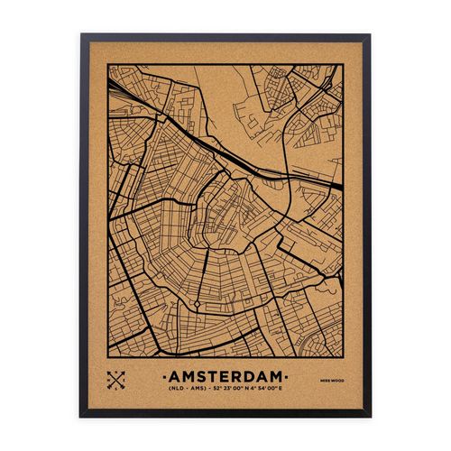 Carte en liège - Woody Map Natural Amsterdam / 90 x 60 cm / Noir / Cadre noir