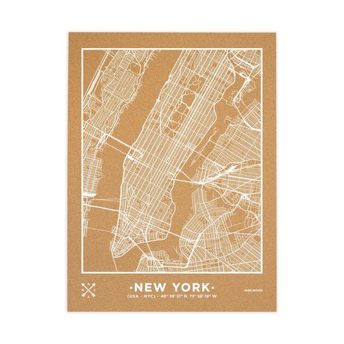 Carte en liège - Woody Map Natural New York / 90 x 60 cm / Blanc / Sans cadre