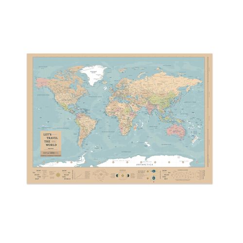 Feuille de carte du monde - Affiche de carte boisée / Brume de bronze / 100 x 70 cm