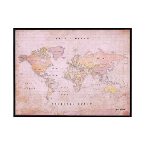 Carte du monde en liège - Woody Map Aquarelle Dusty Rose / 90 x 60 cm / Cadre Noir