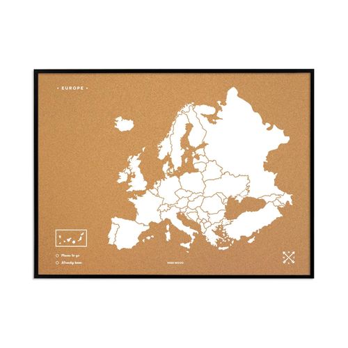 Carte en liège - Woody Map Natural Europe / Blanc / 90x60 cm / Cadre noir