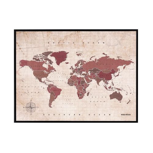 Carte du monde en liège ¿ Woody Map aquarelle antique/90 x 60 cm/cadre noir