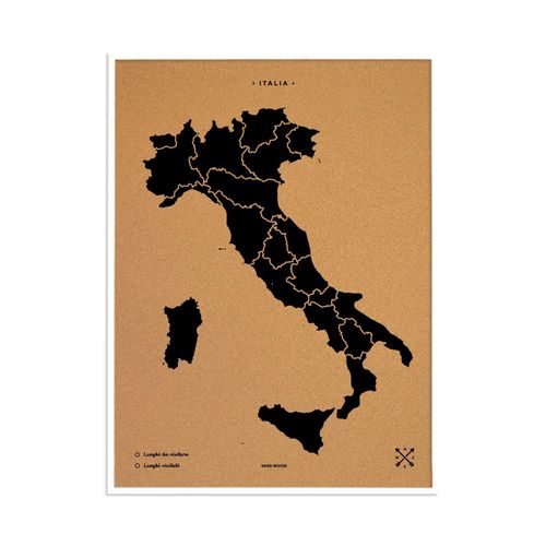 Carte en liège - Woody Map Natural Italie / 90 x 60 cm / Noir / Cadre blanc