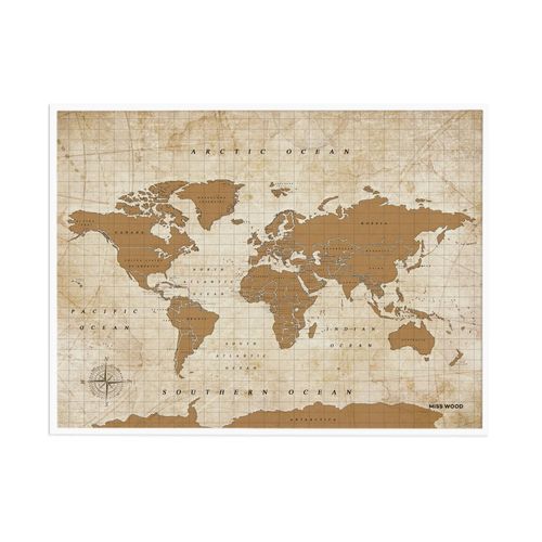 Carte du monde en liège - Woody Map Aquarelle Doré / 90 x 60 cm / Cadre Blanc