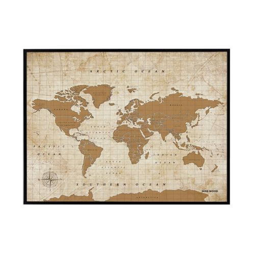 Carte du monde en liège - Woody Map Aquarelle Doré / 90 x 60 cm / Cadre Noir