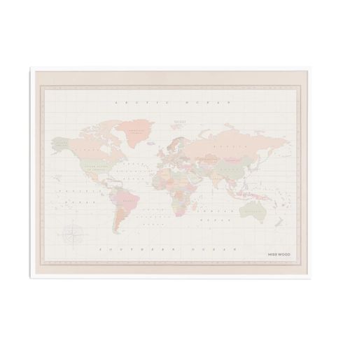 Carte du monde en liège - Woody Map Aquarelle Coloniale / 90 x 60 cm / Cadre Blanc