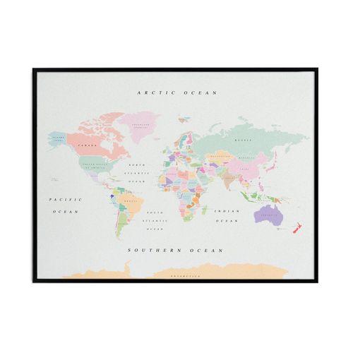 Carte du monde en liège - Woody Map aquarelle rétro / 90 x 60 cm / cadre noir