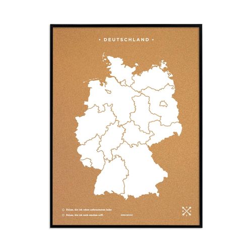 Carte en liège - Woody Map Naturel Allemagne / 90 x 60 cm / Blanc / Cadre noir