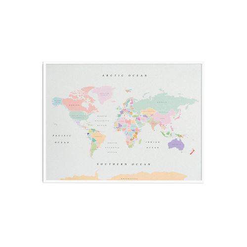 Carte du monde en liège - Woody Map aquarelle rétro / 60 x 45 cm / cadre blanc