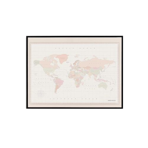Carte du monde en liège - Woody Map Aquarelle Colonial / 60 x 45 cm / Cadre Noir