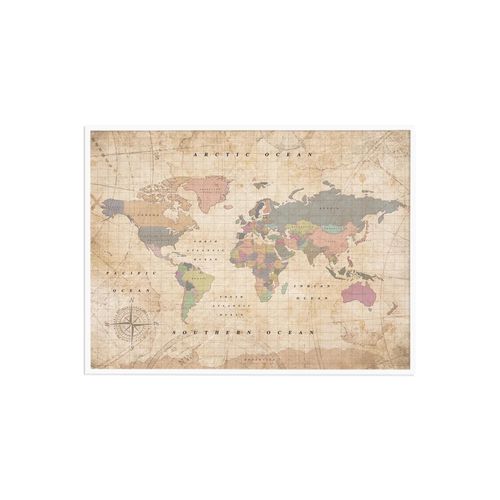 Carte du monde en liège - Woody Map Aquarelle Old School / 60 x 45 cm / Cadre Blanc