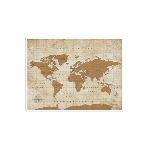 Carte du monde en liège - Woody Map Aquarelle Doré / 60 x 45 cm / Cadre Blanc