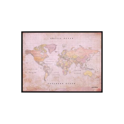 Carte du monde en liège - Woody Map Aquarelle Dusty Rose / 60 x 45 cm / Cadre Noir