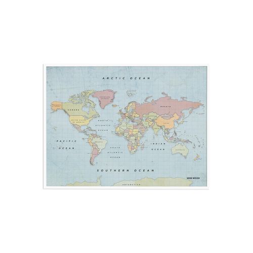 Carte du monde en liège - Woody Map Aquarelle New Classic / 60 x 45 cm / Cadre blanc