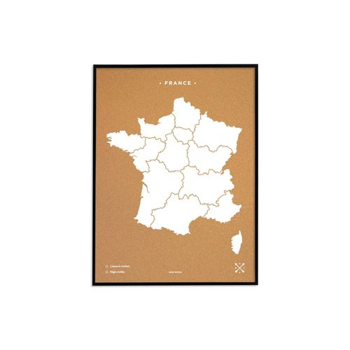 Carte en Liège - Woody Map Naturel France / 60 x 45 cm / Blanc / Cadre Noir