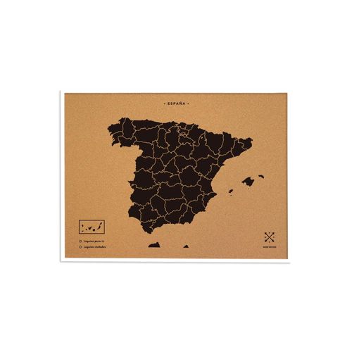 Carte en liège - Carte boisée Espagne naturelle / 60 x 45 cm / Noir / Cadre blanc