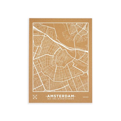 Carte en liège - Woody Map Natural Amsterdam / 60 x 45 cm / Blanc / Sans cadre